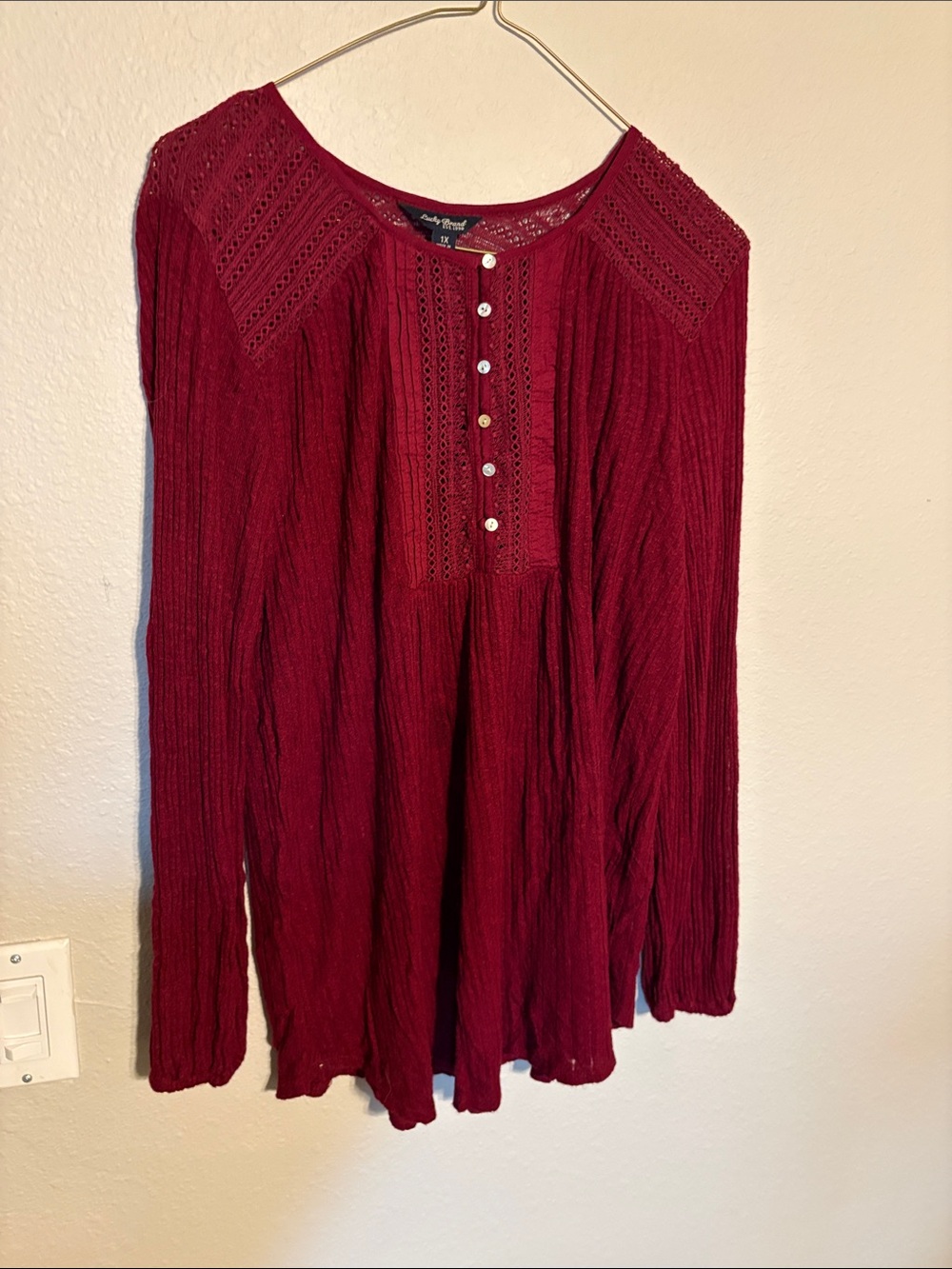 Lucky Brand Long-Sleeve Burgundy Crochet Yoke Blouse